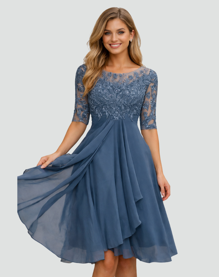 Dames Feestjurk Midi met Kanten Top en Tule Rok