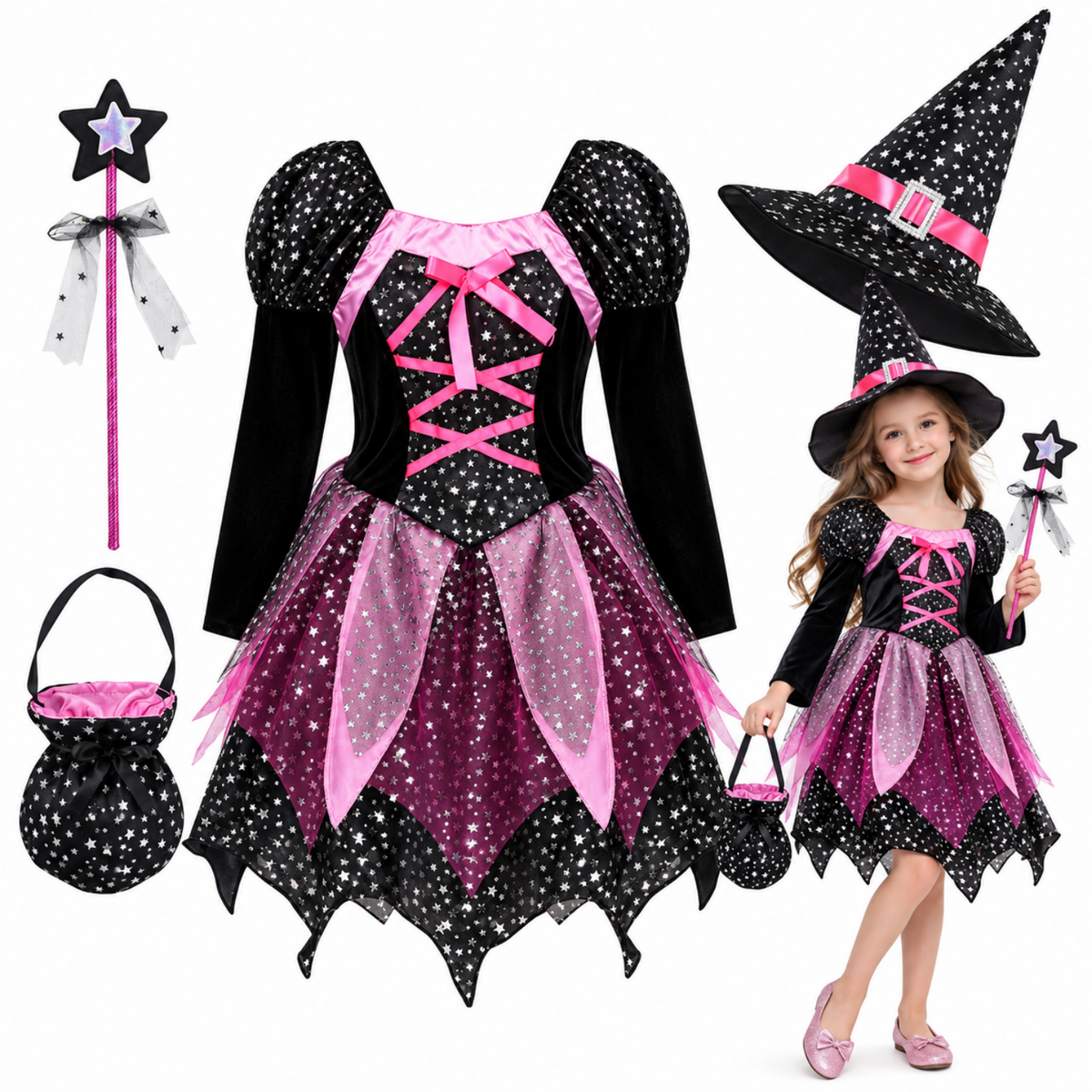Girls 4-piece witch costume set, full outfit worn