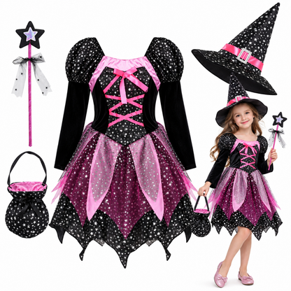 Girls 4-piece witch costume set, full outfit worn