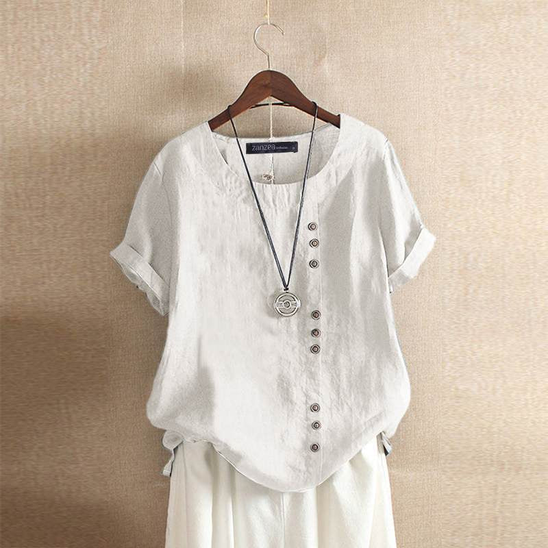 Gerlina - Linnen Blouse met Korte Mouw en Knoopsluiting