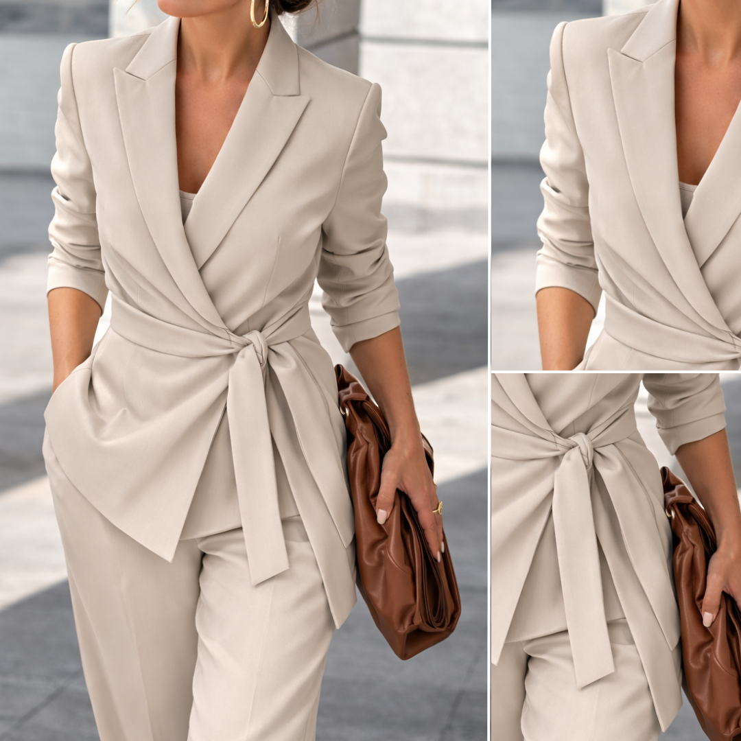 Dames Blazer Pak Set met Wide Leg Broek en Ceintuur