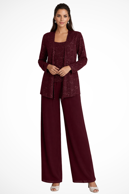 Dames Feestpak Driedelig - Kanten Blazer met Pailletten en Wide Leg Broek