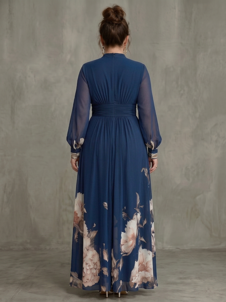 Dames Maxi Jurk met Transparante Mouwen en Plissérok