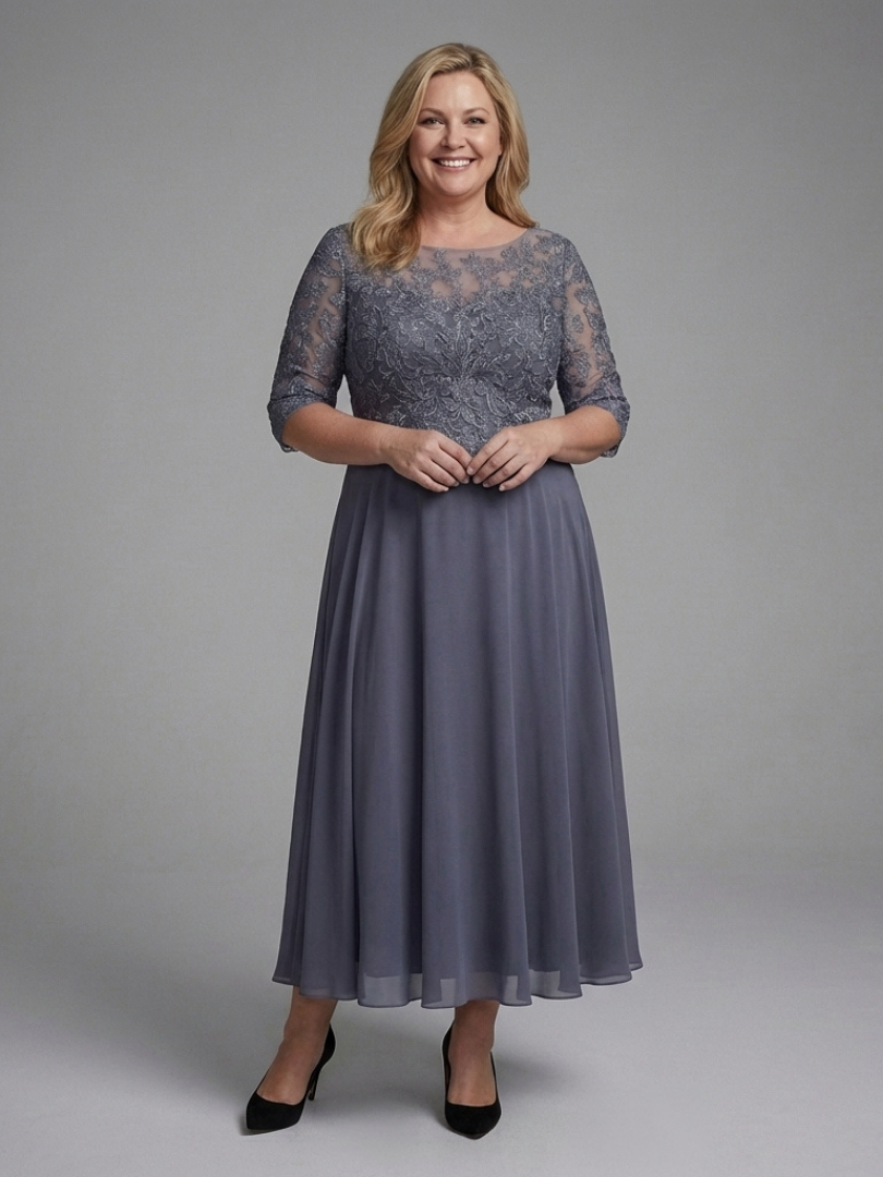 Dames Midi Jurk Kanten Bodice met Sheer Mouwen