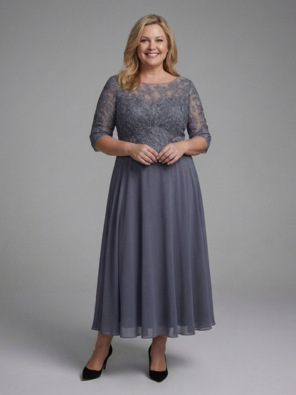 Dames Midi Jurk Kanten Bodice met Sheer Mouwen