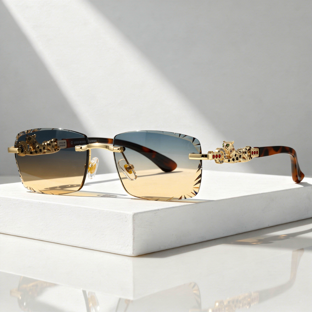 Zonnebril met Panterdetail en Facetgeslepen Rimless Glazen