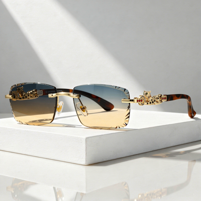 Zonnebril met Panterdetail en Facetgeslepen Rimless Glazen