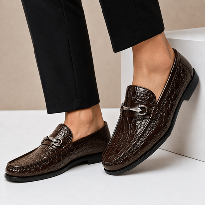 Heren Loafers Runderleer met Gegraveerde Structuur en Metalen Accent