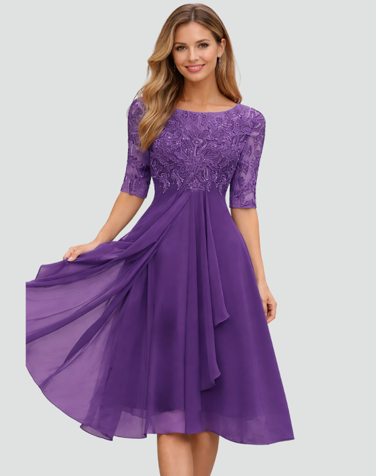 Dames Feestjurk Midi met Kanten Top en Tule Rok