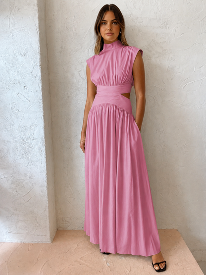 Dames Maxi Jurk – Hoge Hals, Cut-Out Taille, Vloeiende Pasvorm, Geschikt voor Avondkleding