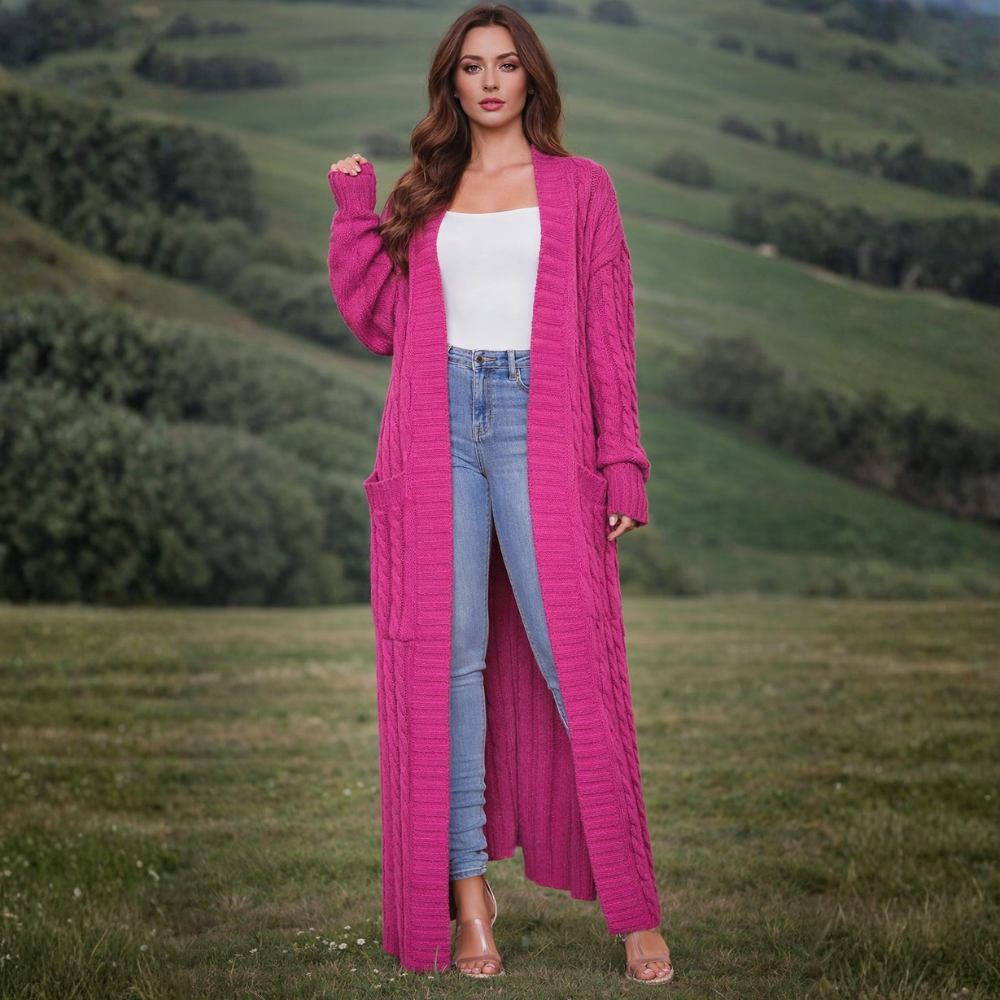 Dames Lange Gebreide Cardigan – Effen, Comfortabel voor Winter, Met Pompons