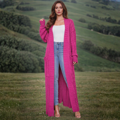 Dames Lange Gebreide Cardigan – Effen, Comfortabel voor Winter, Met Pompons