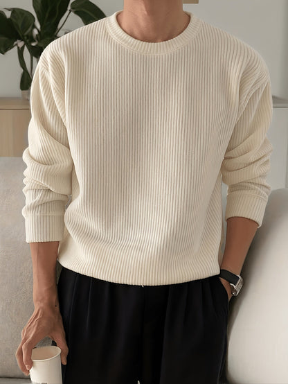 Heren Ribgebreide Crew-Neck Trui met Losse Pasvorm