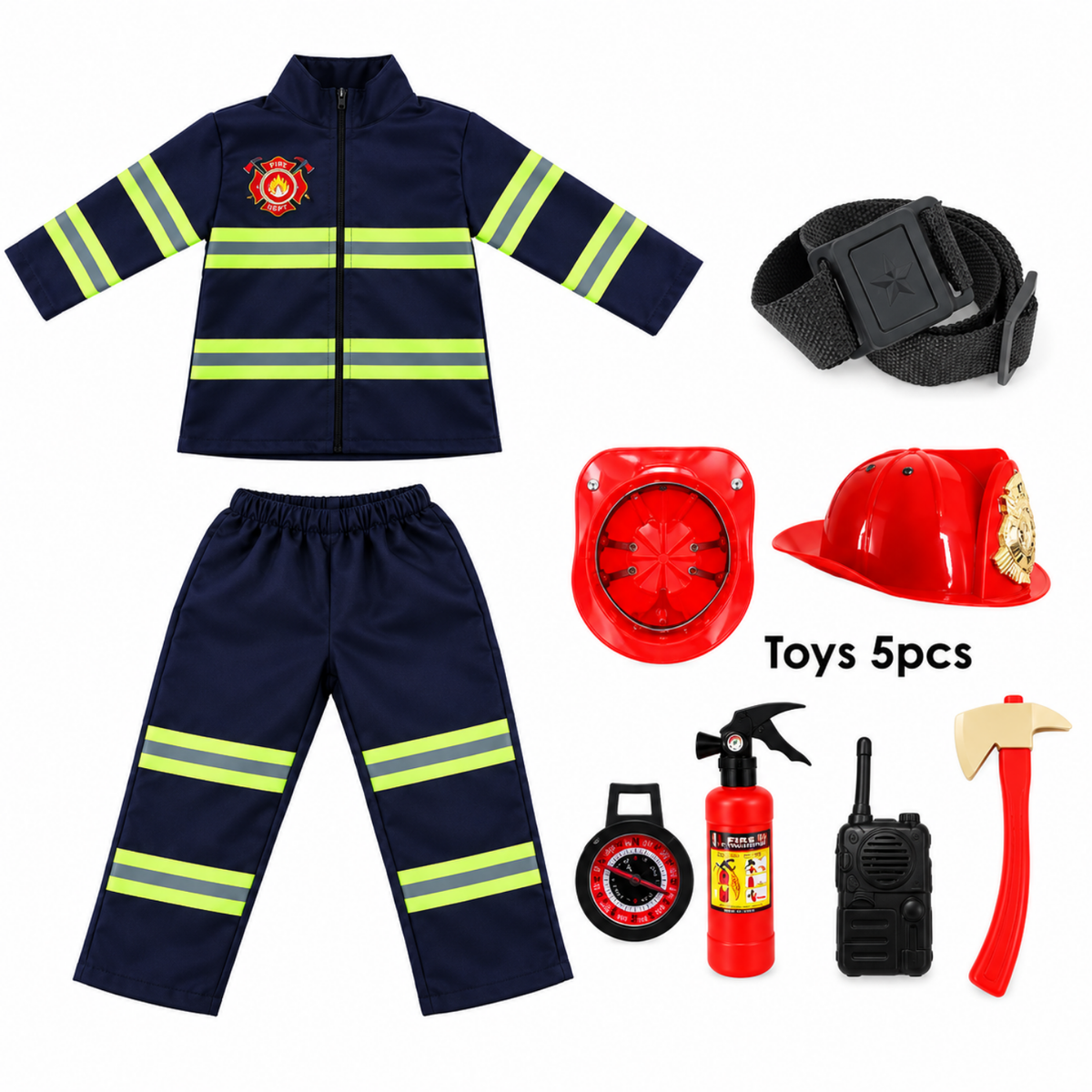 Firefighter costume accessories laid out, helmet and belt