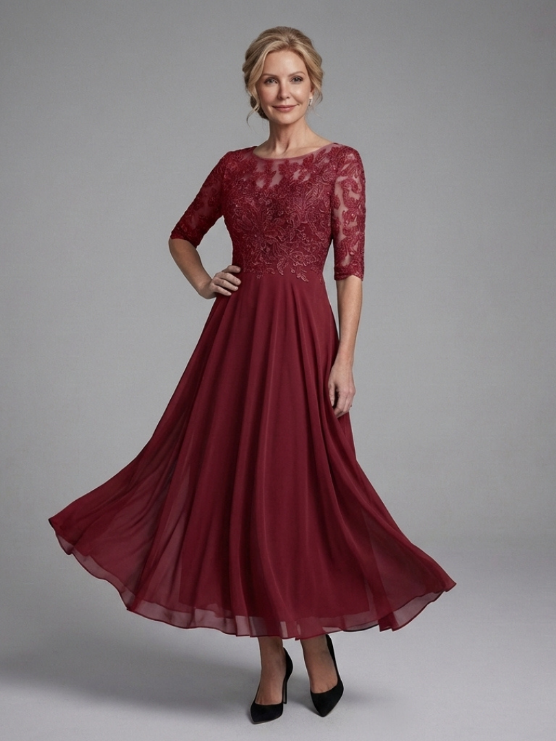 Dames Midi Jurk Kanten Bodice met Sheer Mouwen