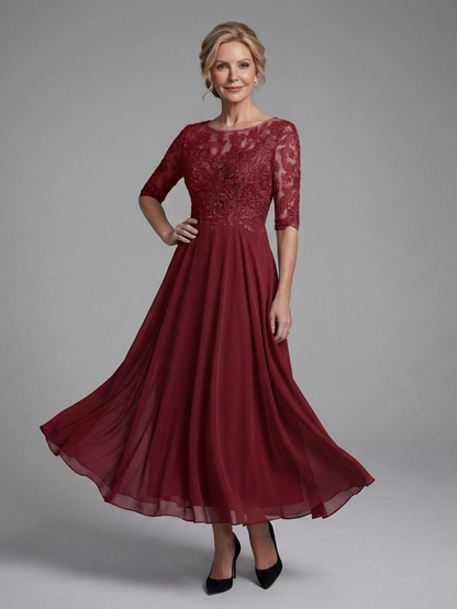 Dames Midi Jurk Kanten Bodice met Sheer Mouwen