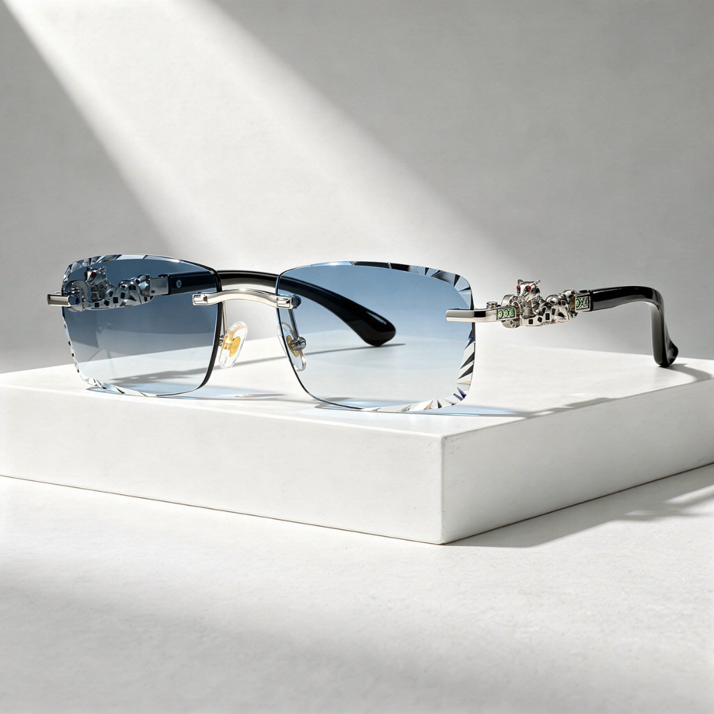 Zonnebril met Panterdetail en Facetgeslepen Rimless Glazen
