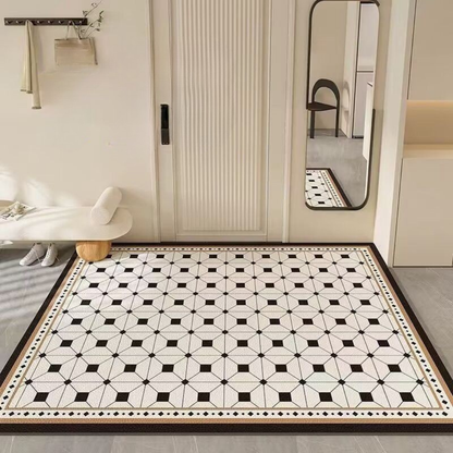 Geometric patterned rug in a room with a mirror and door.