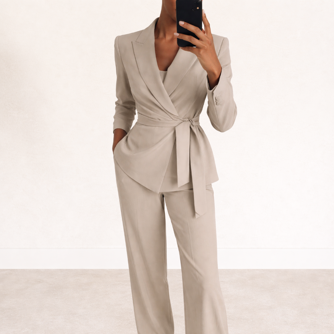 Dames Blazer Pak Set met Wide Leg Broek en Ceintuur