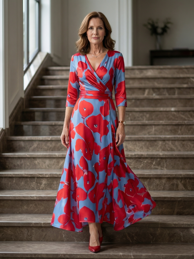 Dames Midi Jurk met Wikkelhals en Bloemenprint