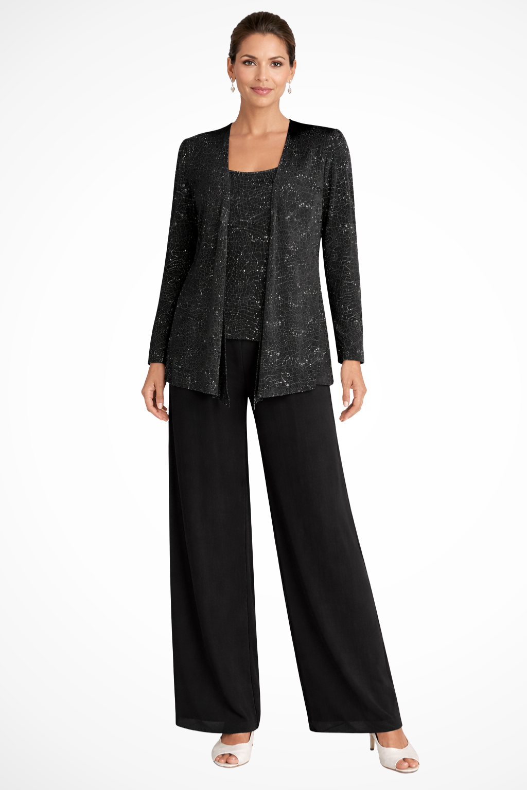 Dames Feestpak Driedelig - Kanten Blazer met Pailletten en Wide Leg Broek