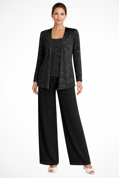 Dames Feestpak Driedelig - Kanten Blazer met Pailletten en Wide Leg Broek