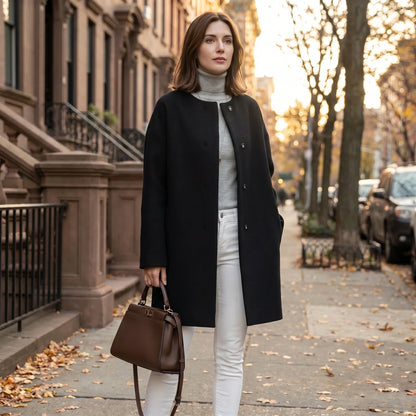 Close up view of the Womens Polished Minimalist Winter Coat showing the luxurious fabric texture and precise stitching details against a soft neutral background.