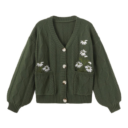 Winsome™ | Women's Floral Embroidered V-Neck Button Cardigan