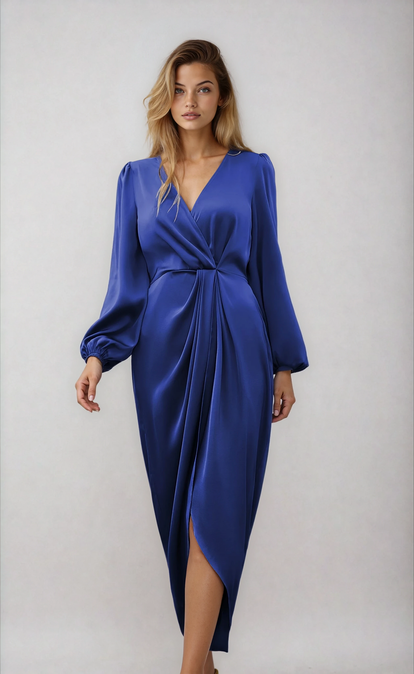 Dames Wikkel Midi Jurk – Getailleerd, Casual voor Winter en Avondkleding