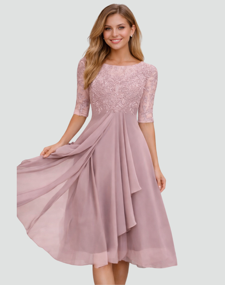 Dames Feestjurk Midi met Kanten Top en Tule Rok