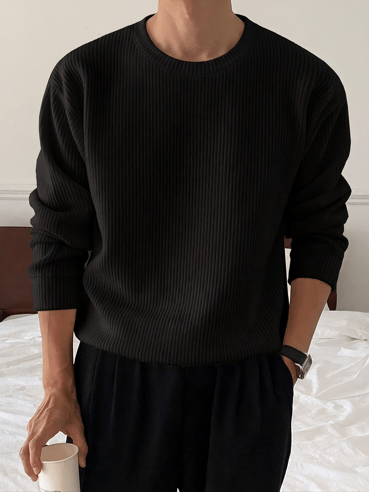 Heren Ribgebreide Crew-Neck Trui met Losse Pasvorm