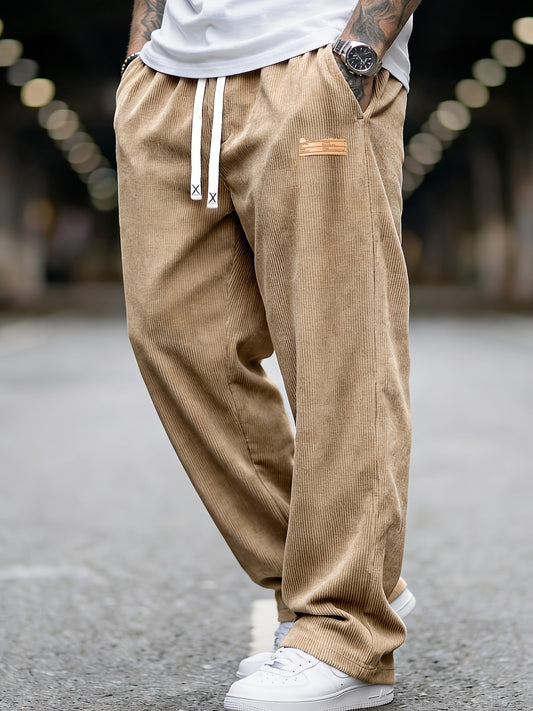 Heren Ribfluwelen Broek Losse Pasvorm met Elastische Taille en Zakken