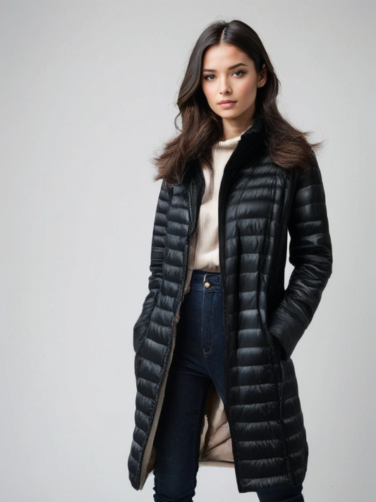 Dames Lange Pufferjas met Capuchon – Zwart, Waterafstotend, Ideaal voor Koude Dagen en Casual Outfits