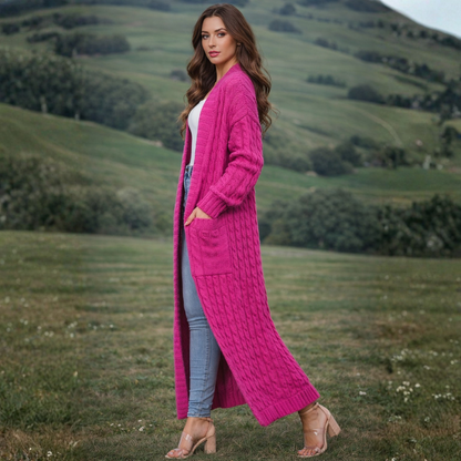 Dames Lange Gebreide Cardigan – Effen, Comfortabel voor Winter, Met Pompons