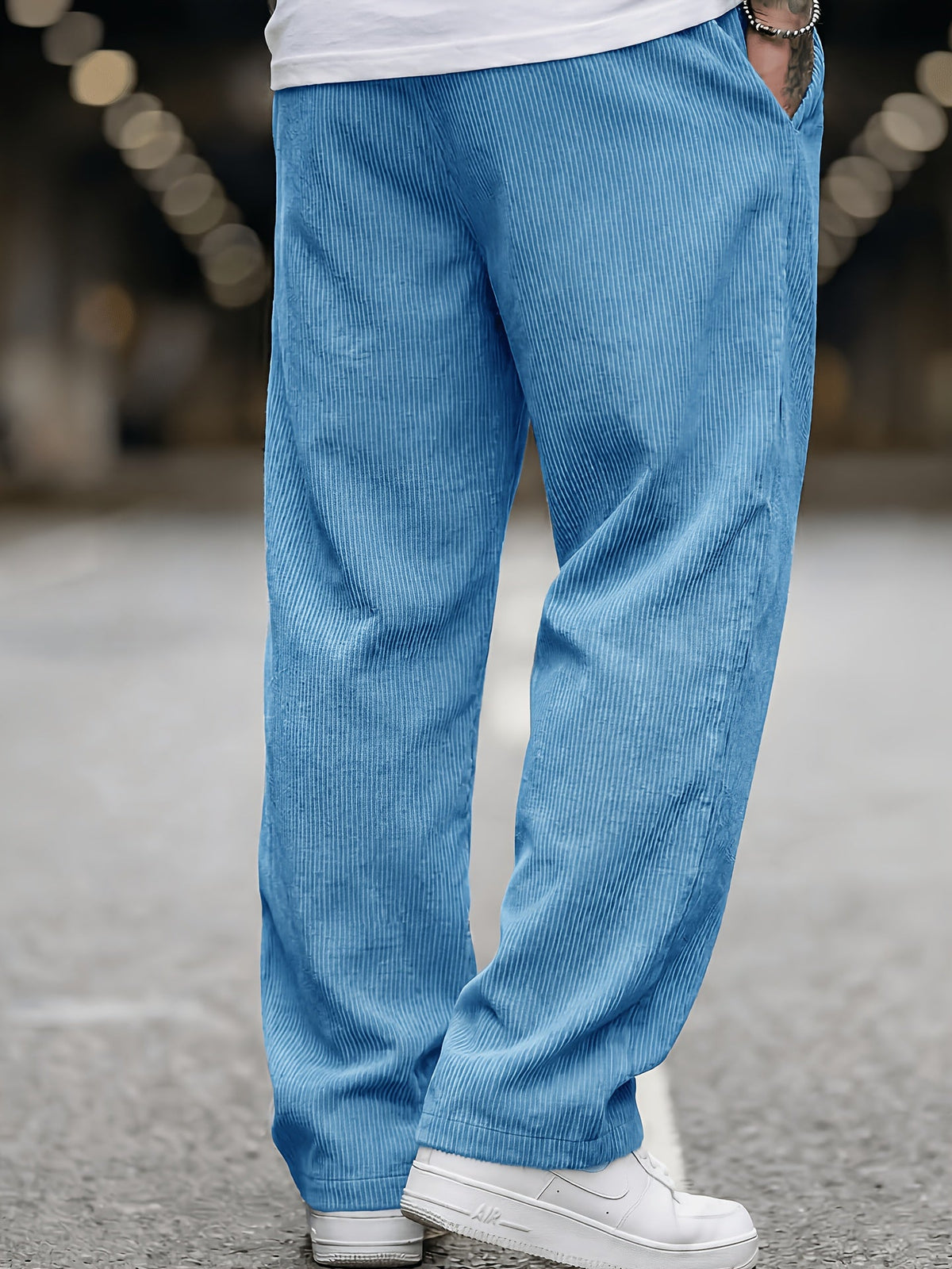 Heren Ribfluwelen Broek Losse Pasvorm met Elastische Taille en Zakken