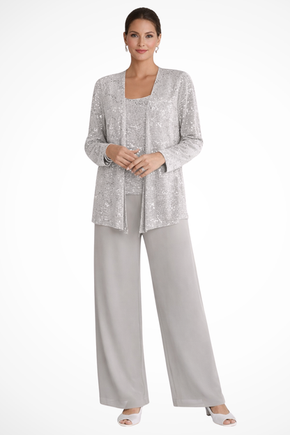 Dames Feestpak Driedelig - Kanten Blazer met Pailletten en Wide Leg Broek