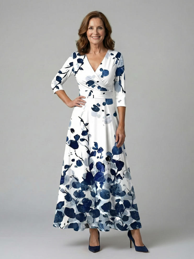 Dames Midi Jurk met Wikkelhals en Bloemenprint
