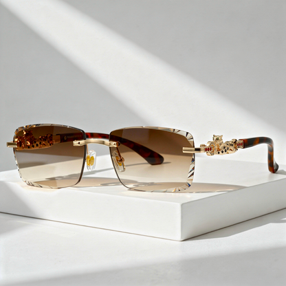 Zonnebril met Panterdetail en Facetgeslepen Rimless Glazen