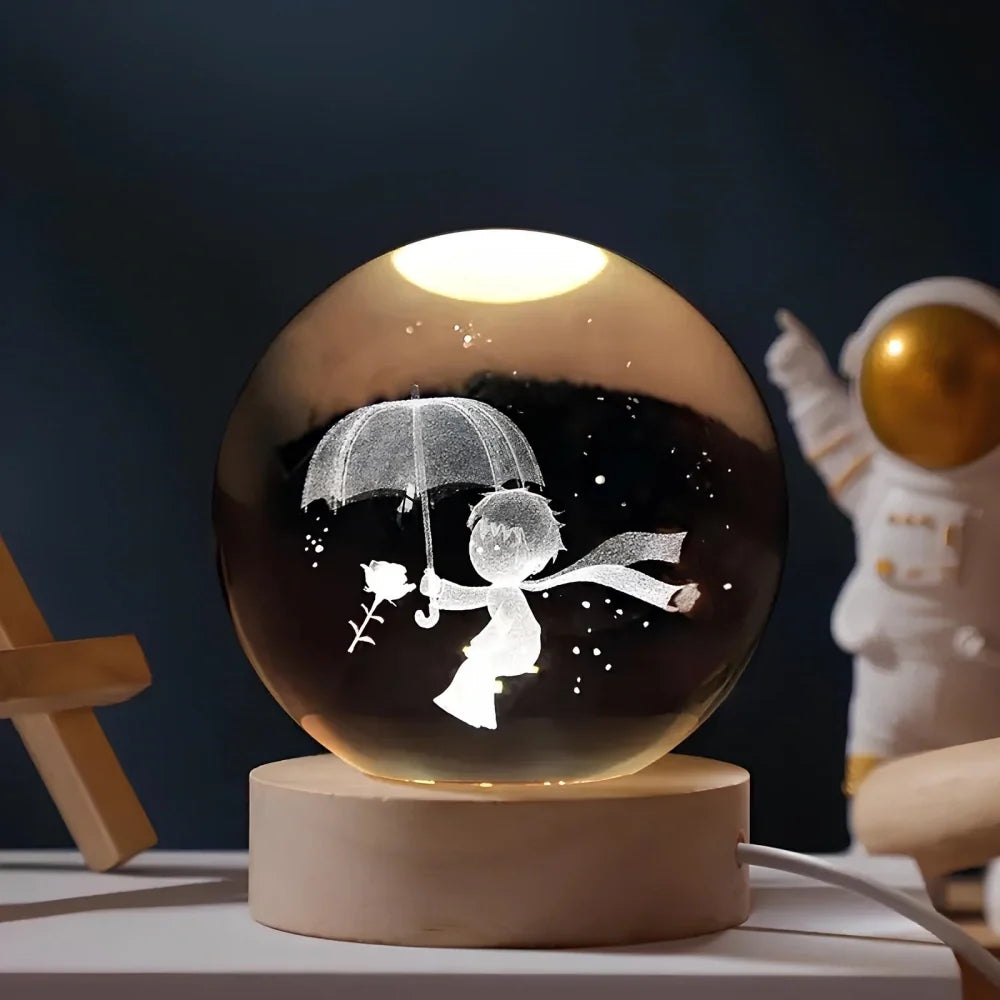 Lichtgevende Kristallen Bol met 3D Gravure Nachtlampje