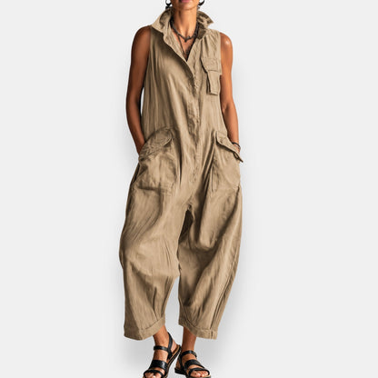 Dames Jumpsuit Mouwloos Cargostijl met Gestructureerde Kraag