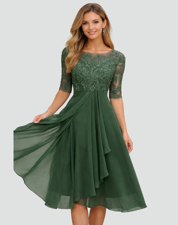 Dames Feestjurk Midi met Kanten Top en Tule Rok