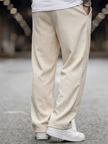 Heren Ribfluwelen Broek Losse Pasvorm met Elastische Taille en Zakken