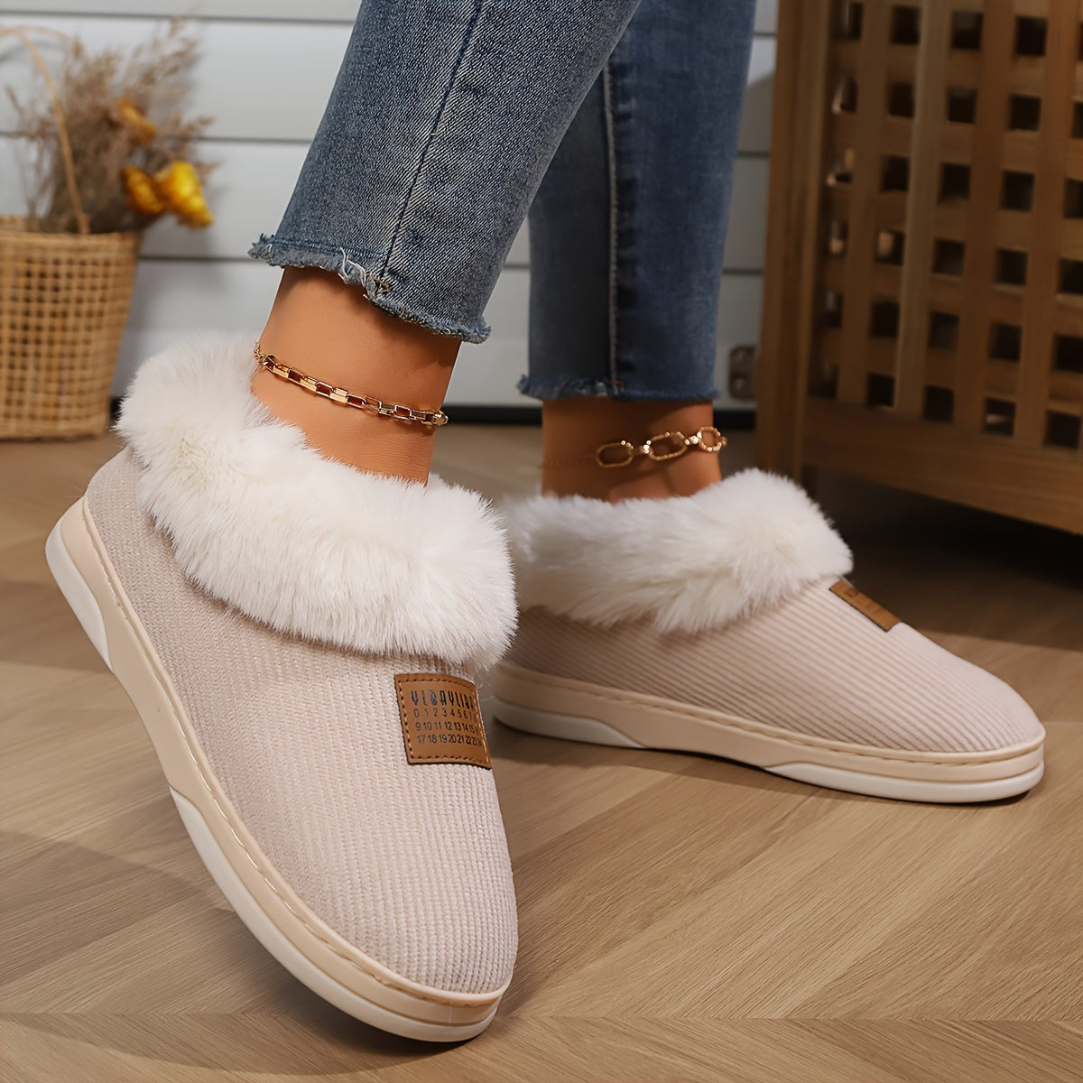 Dames Instap Pantoffels – Beige, Bontvoering, Antislipzool, Warme Huispantoffels voor Winter