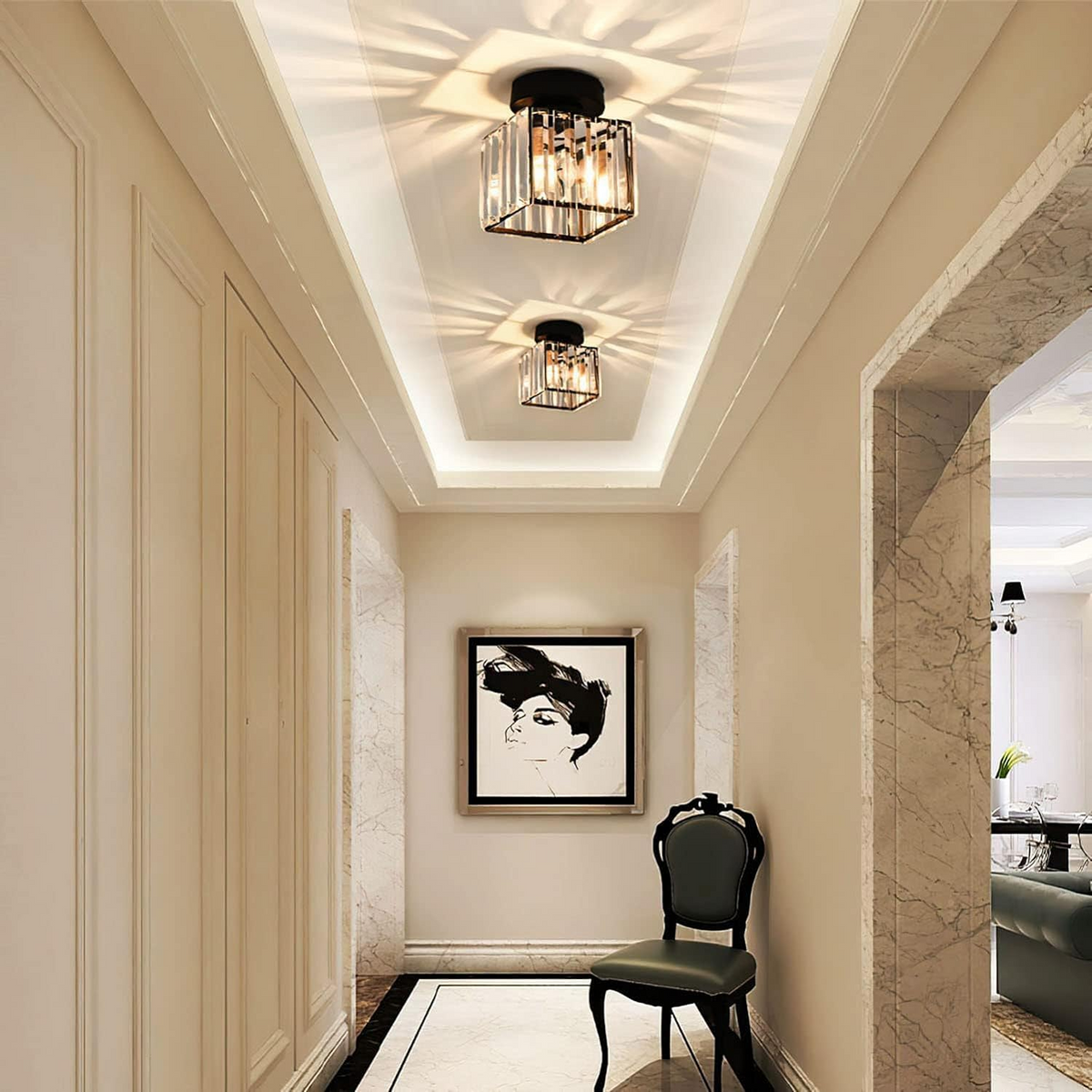 Plafondlamp Zwart met Kristallen Kap - Modern Design voor Hal en Woonkamer