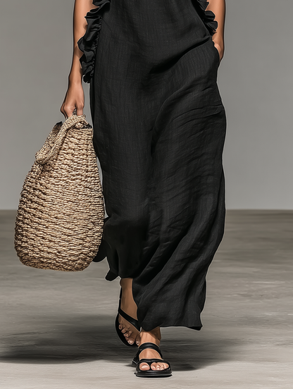 Dames Lange Zomerjurk Mouwloos met Volant Detail