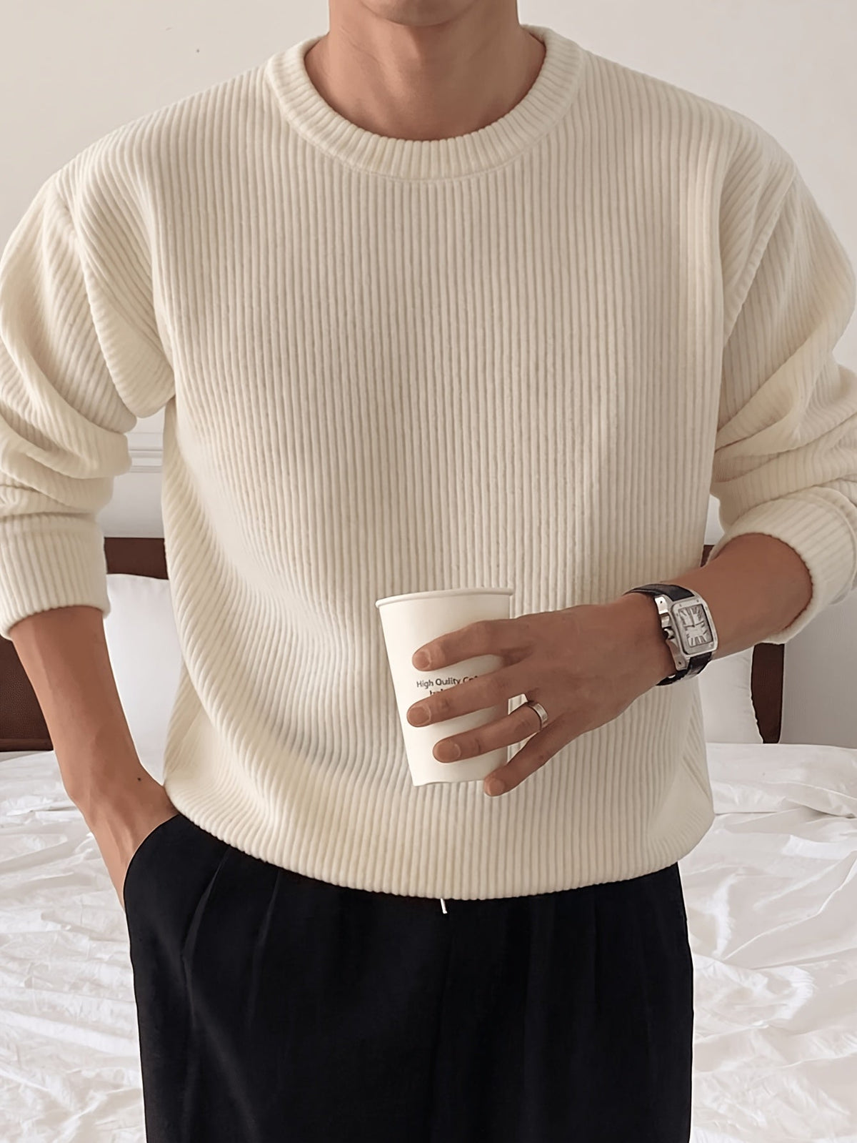 Heren Ribgebreide Crew-Neck Trui met Losse Pasvorm