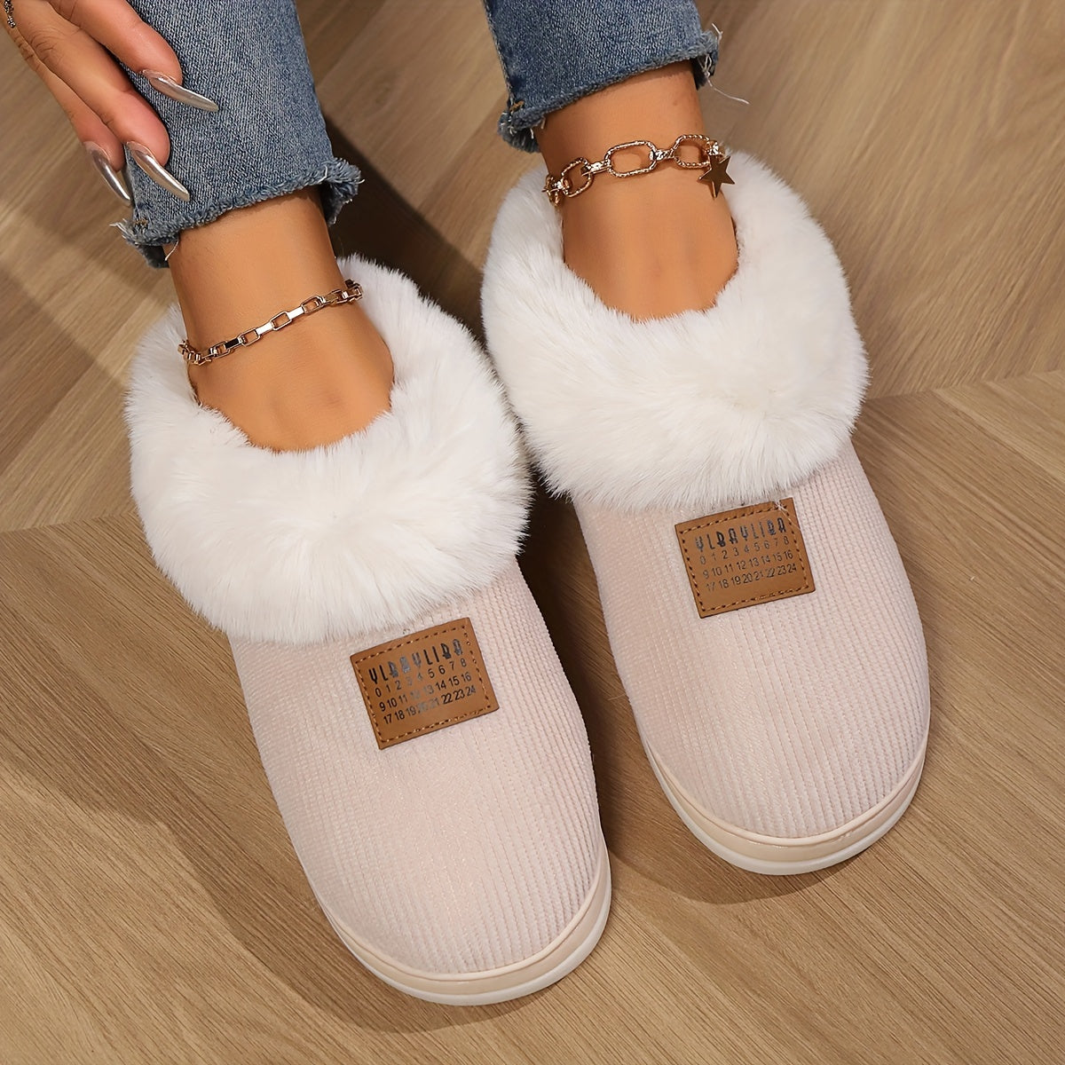 Dames Instap Pantoffels – Beige, Bontvoering, Antislipzool, Warme Huispantoffels voor Winter