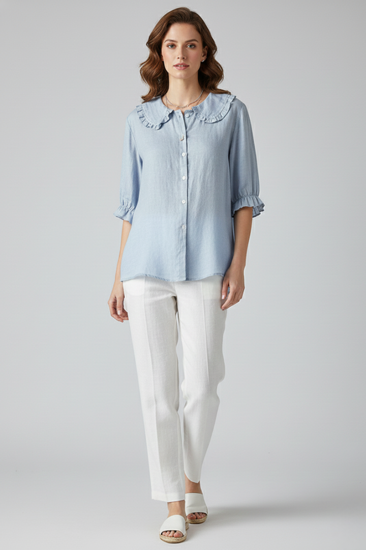 Dames Casual Blouse – Met Rimpel Kraag en Knopen, Geschikt voor Dagelijks Gebruik