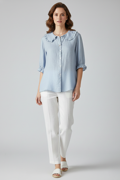 Dames Casual Blouse – Met Rimpel Kraag en Knopen, Geschikt voor Dagelijks Gebruik