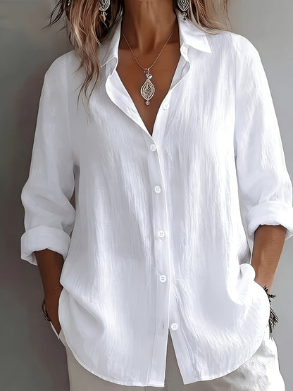 Dames Linnen Blouse met Omgeslagen Kraag en Lange Mouwen